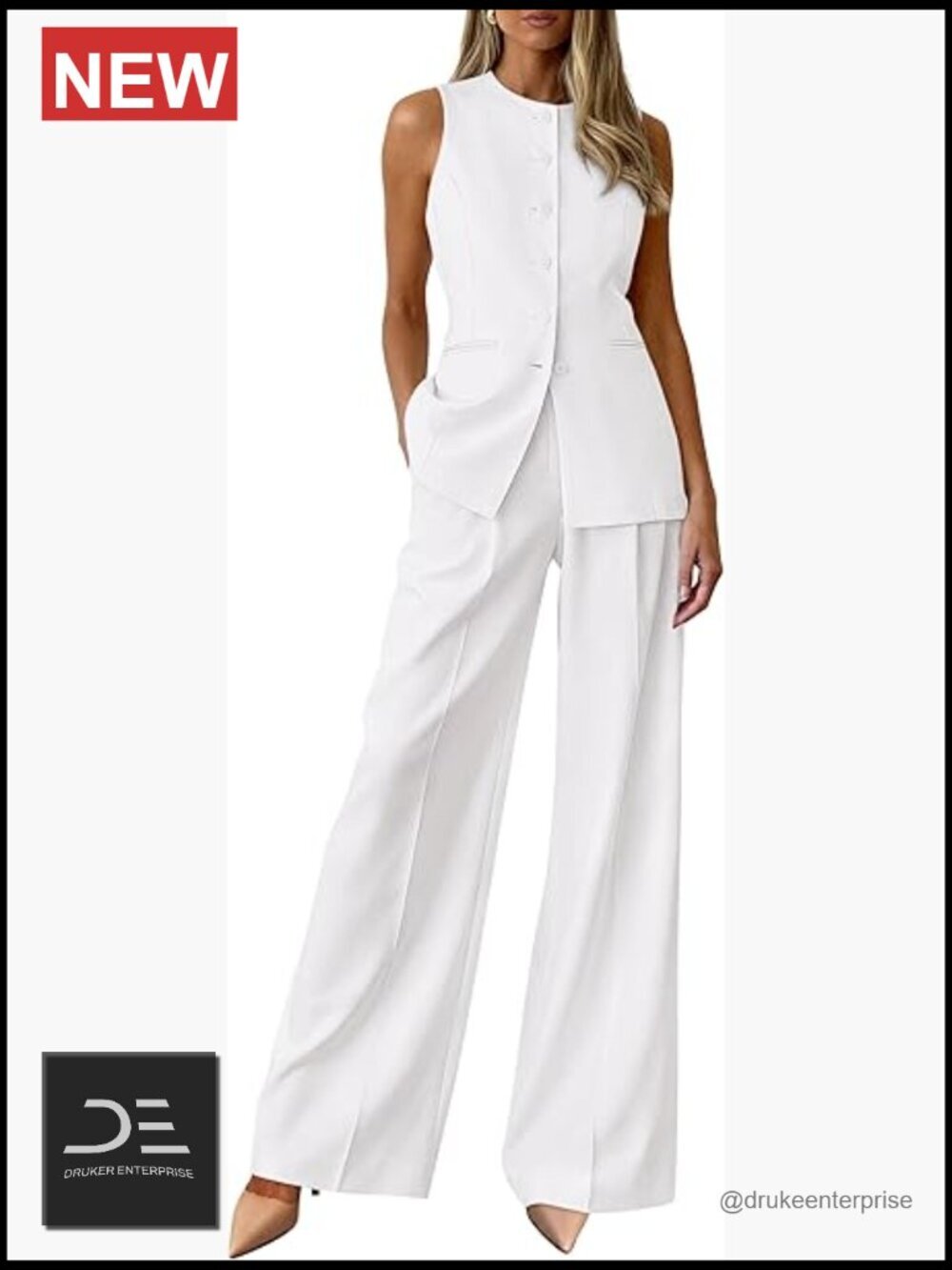 Sleeveless Blazer Vest & Wide Leg Pants Suit Set 2 Piece Work Outfit